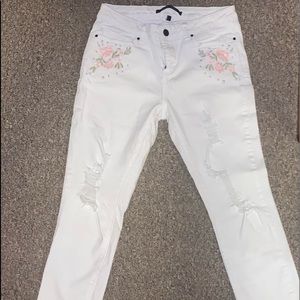 White Ripped Skinny Jeans with Embroidered Roses